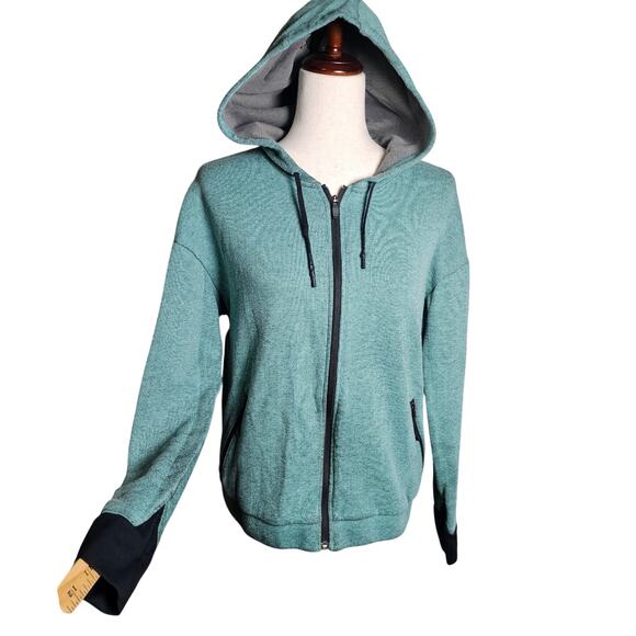 REI Sweaters - REI Hoodie Zip Up Sweatshirt Heathered Green with Black Trim Drawstring Hood  Lg